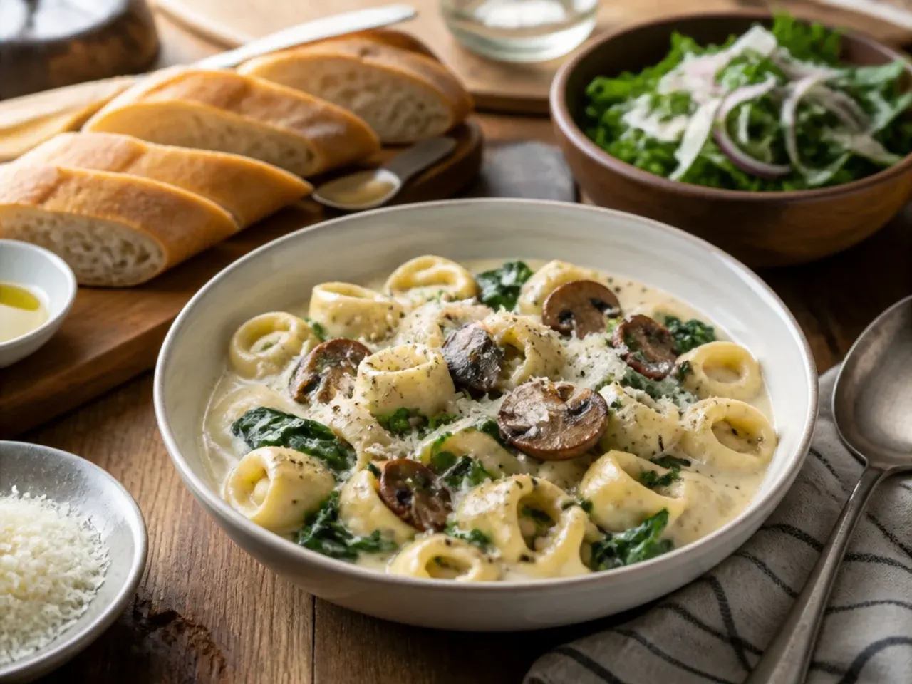Table set with a bowl of tortellini soup, garlic bread, and a green side salad