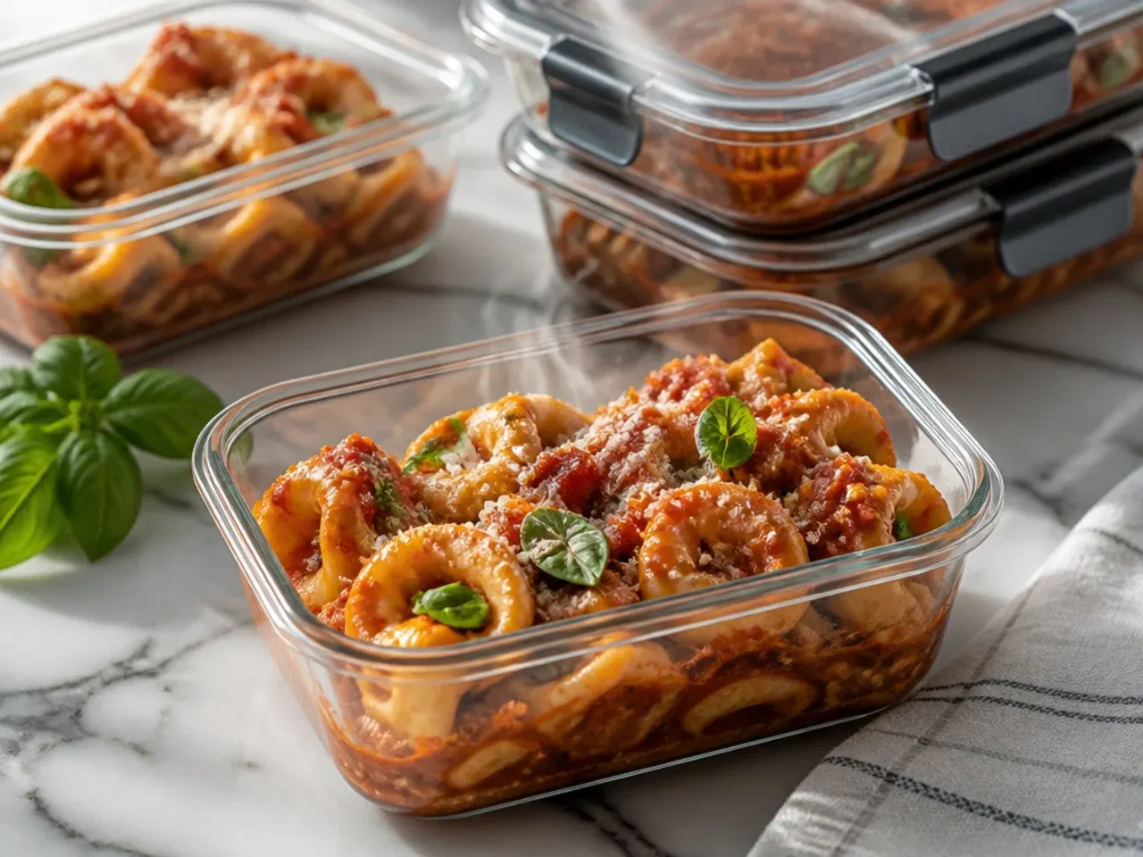 Glass storage container of leftover tortellini soup in the fridge