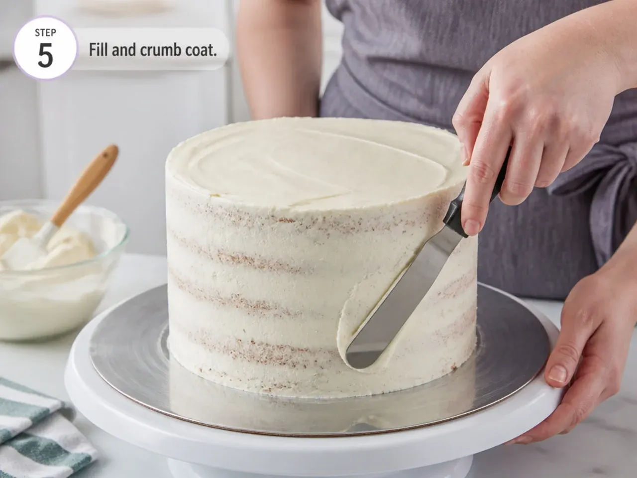 easy unicorn cake — step 5: fill and crumb coat