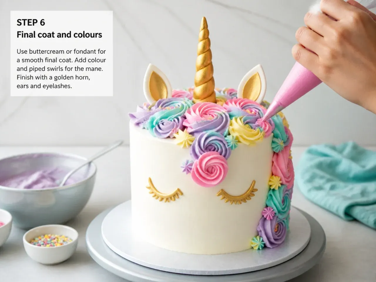 easy unicorn cake — step 6: final coat and colours