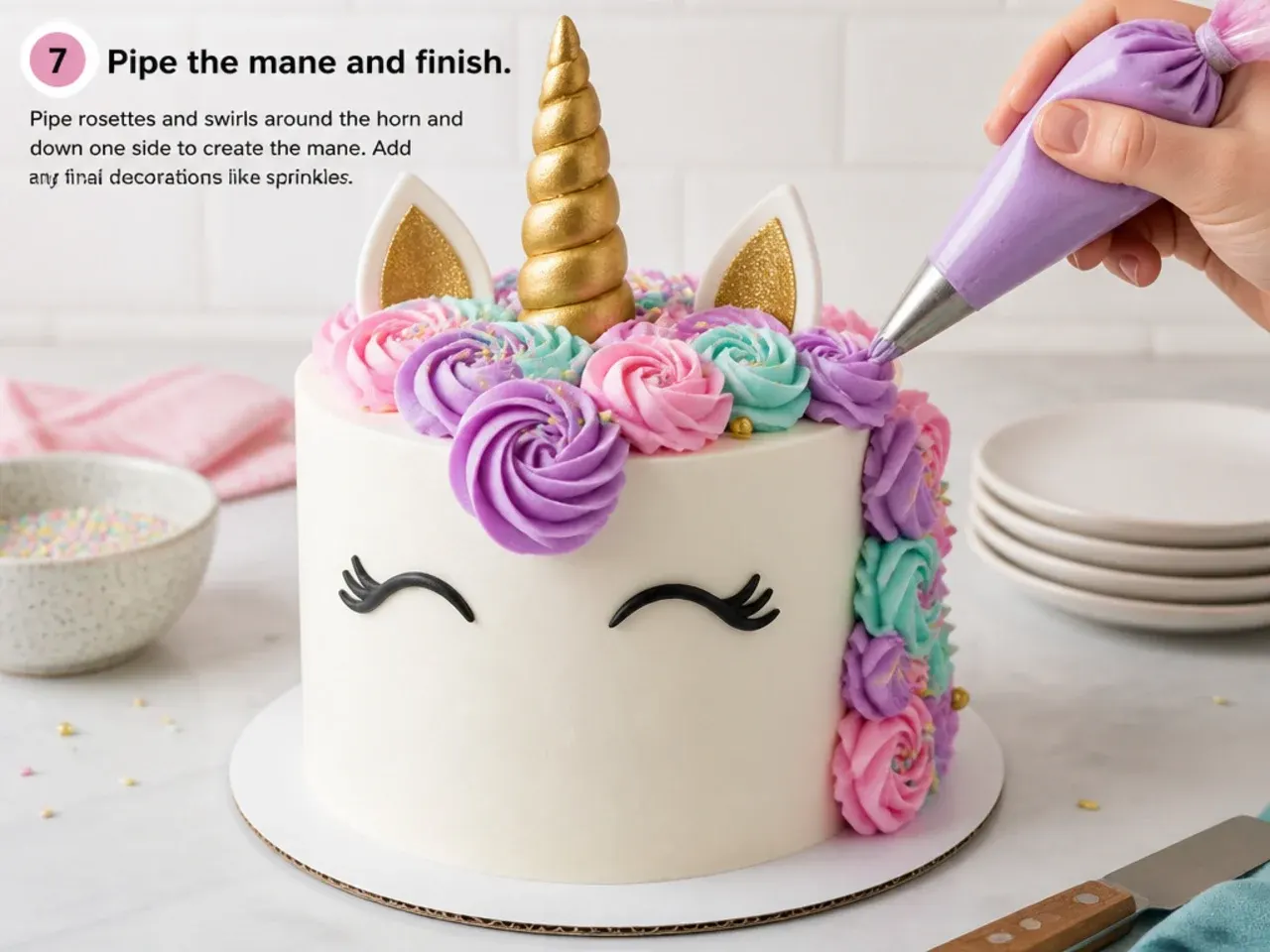 easy unicorn cake — step 7: pipe the mane and finish