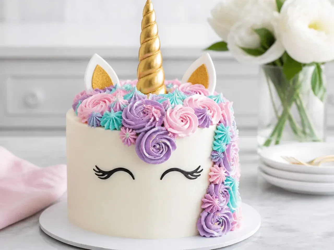 Easy unicorn cake with pastel pink, purple and teal rosette buttercream mane and gold horn