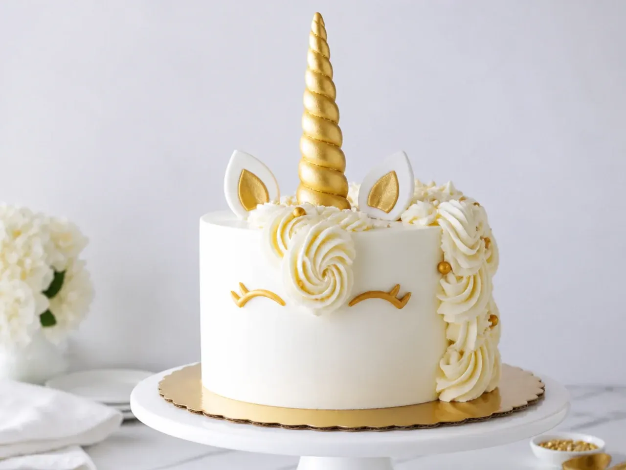 Elegant white and gold easy unicorn cake with painted gold horn and white buttercream mane