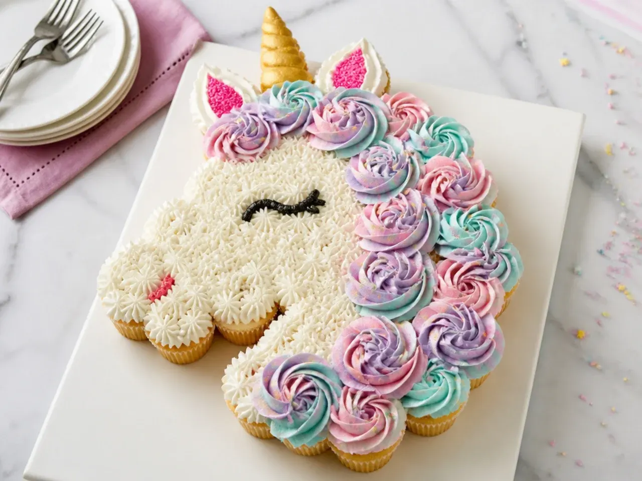 Unicorn pull-apart cupcake cake shaped like a unicorn head with pastel buttercream swirls