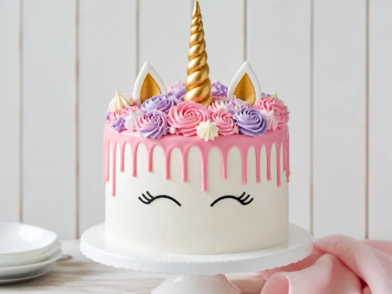Modern easy unicorn cake with pink white chocolate drip and buttercream swirl crown