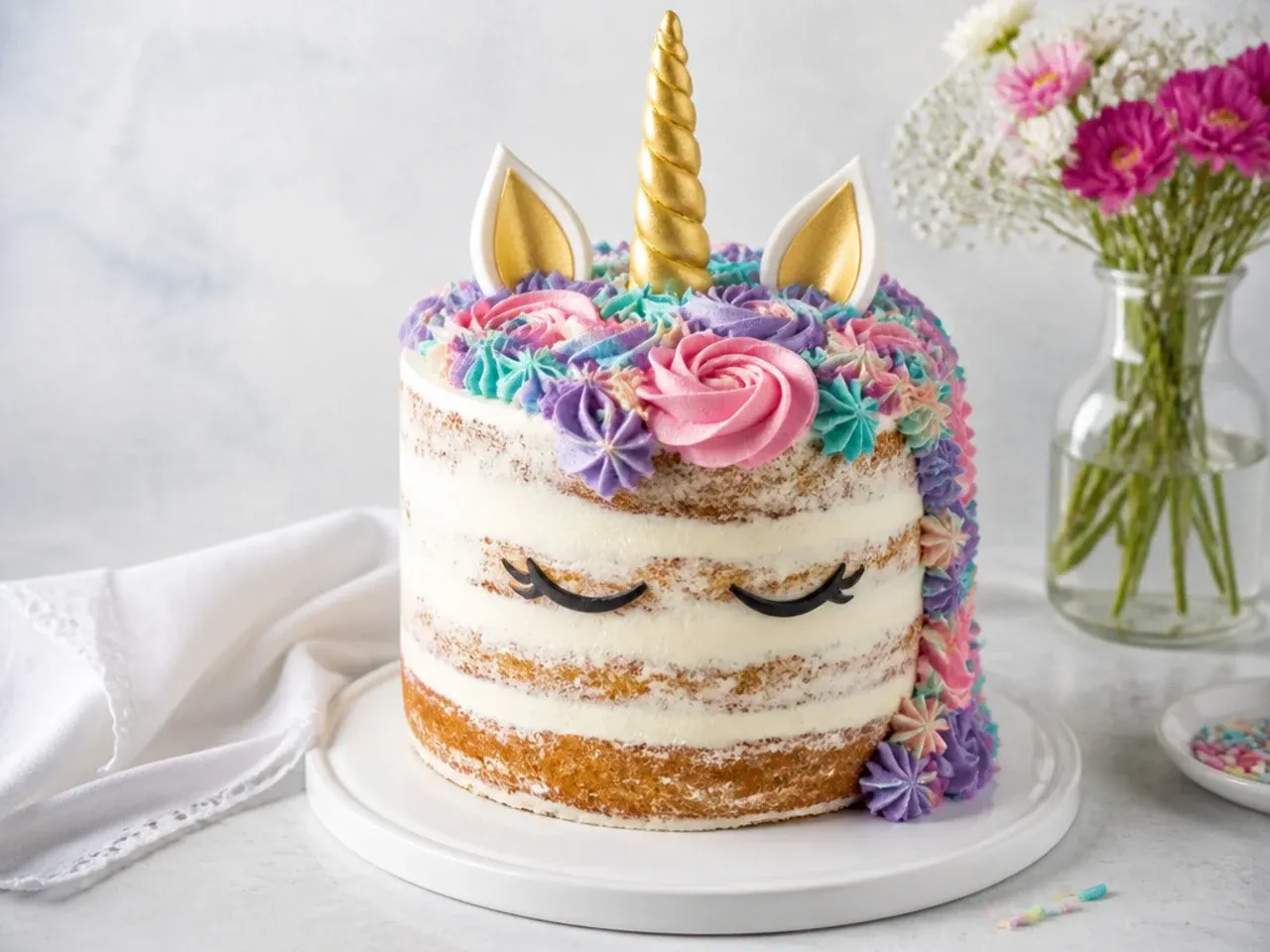 Rustic semi-naked unicorn birthday cake with exposed sponge layers and gold horn