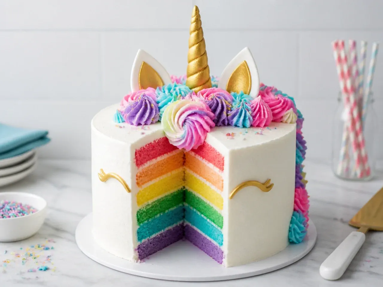 Easy unicorn cake sliced open to reveal rainbow surprise layers inside white buttercream
