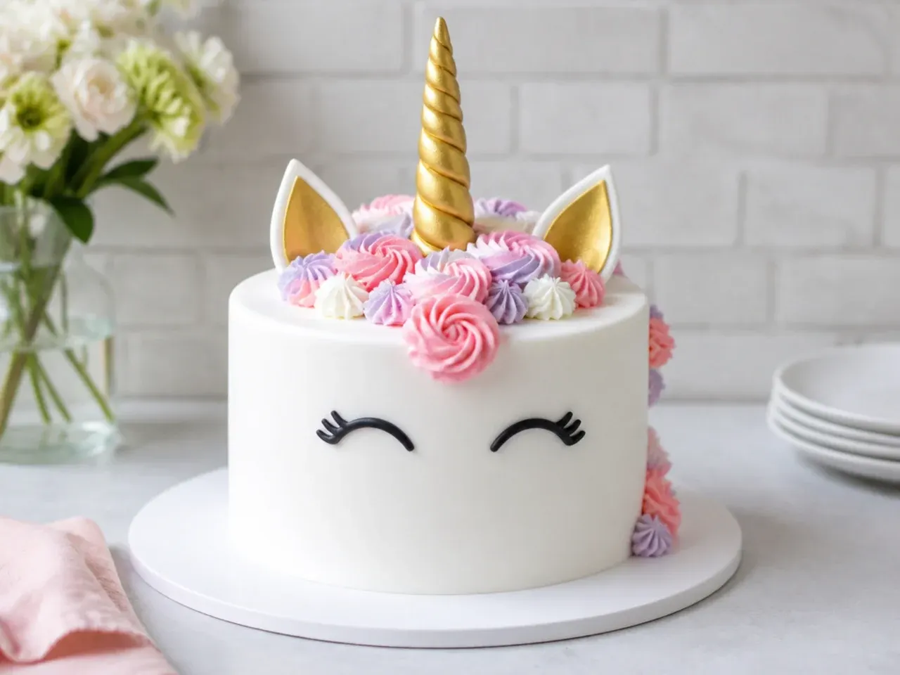 Minimalist white unicorn cake with simple gold horn and piped black eyelashes