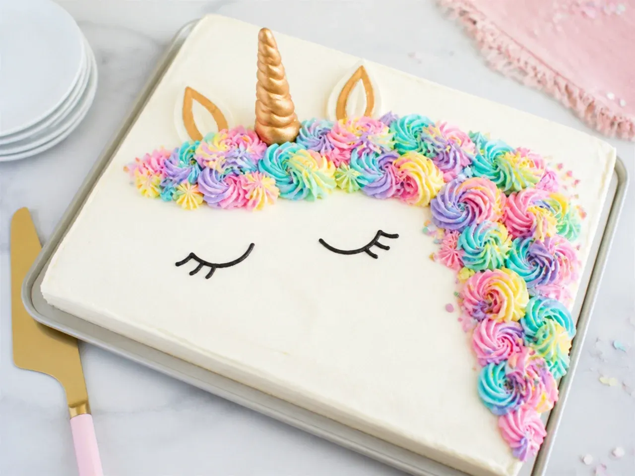 Unicorn sheet cake for a party with piped pastel mane across one corner of a traybake