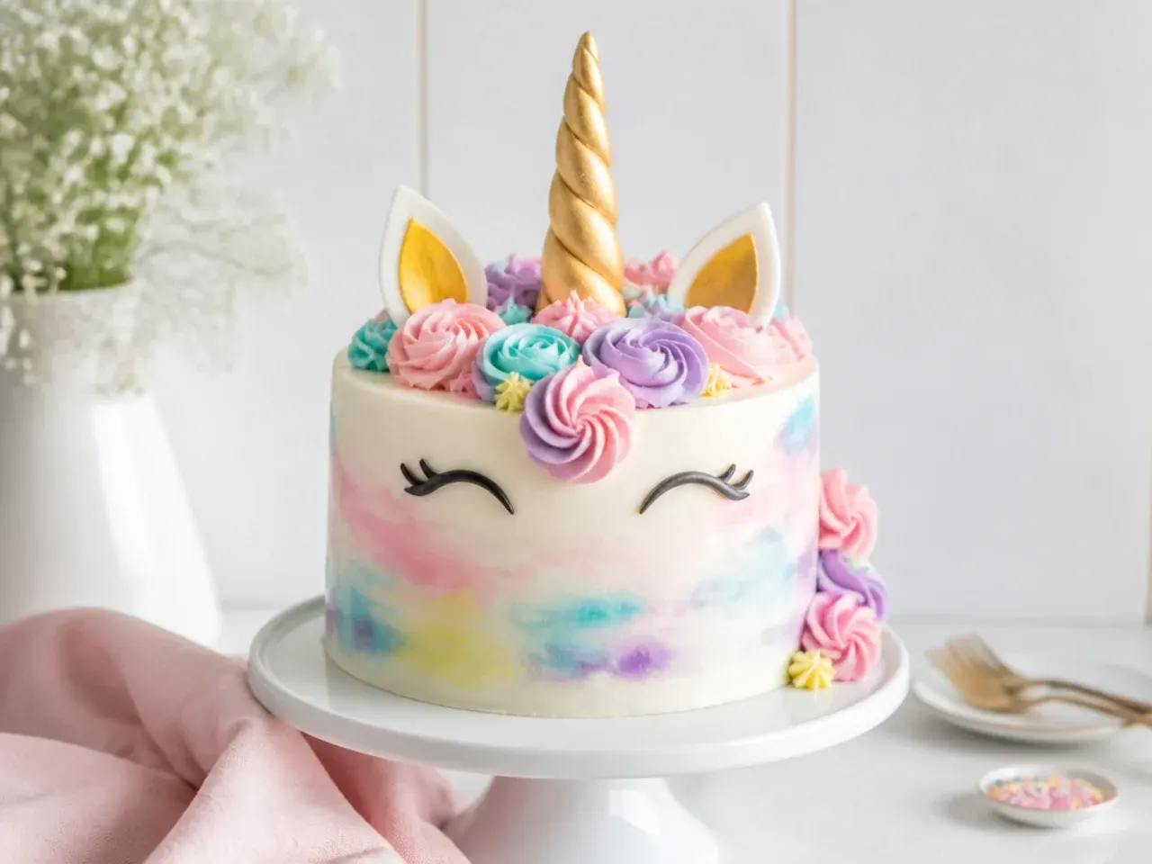 Delicate watercolour buttercream unicorn cake with soft pastel blended sides