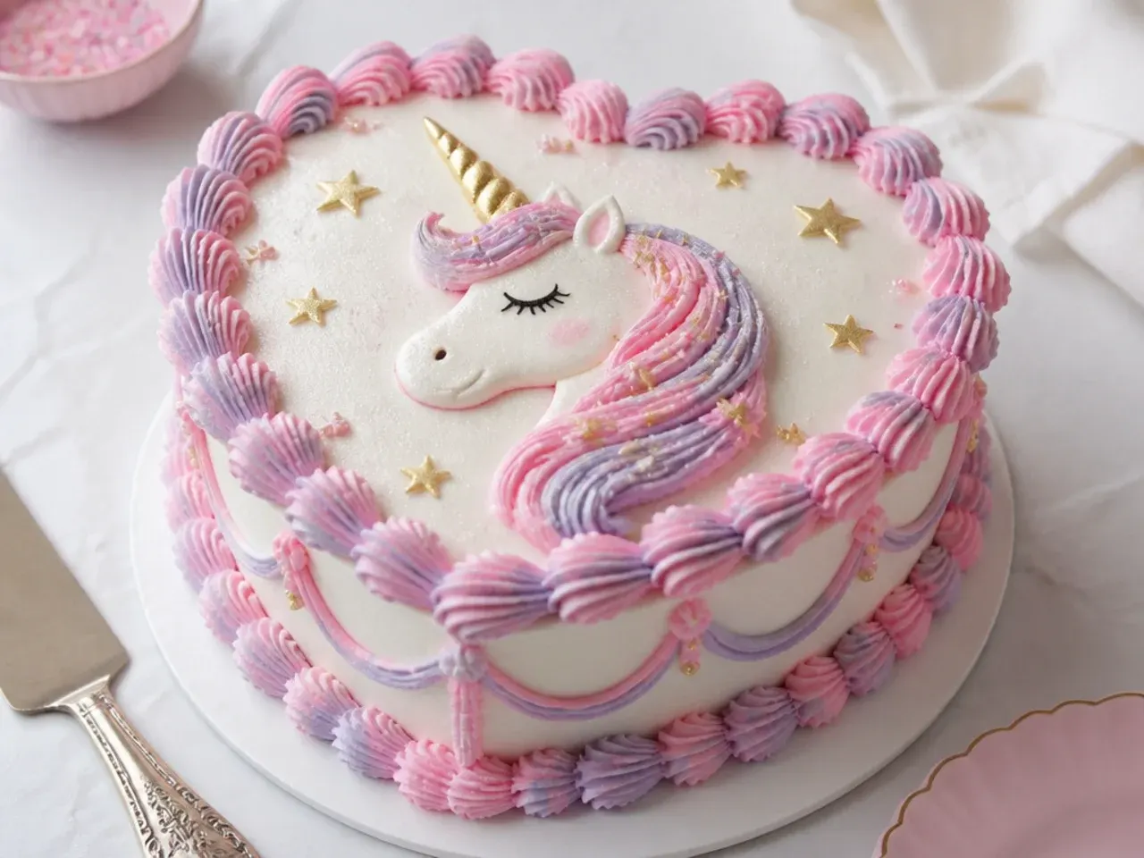 Vintage heart-shaped unicorn cake with retro piped shell borders in pink and lilac