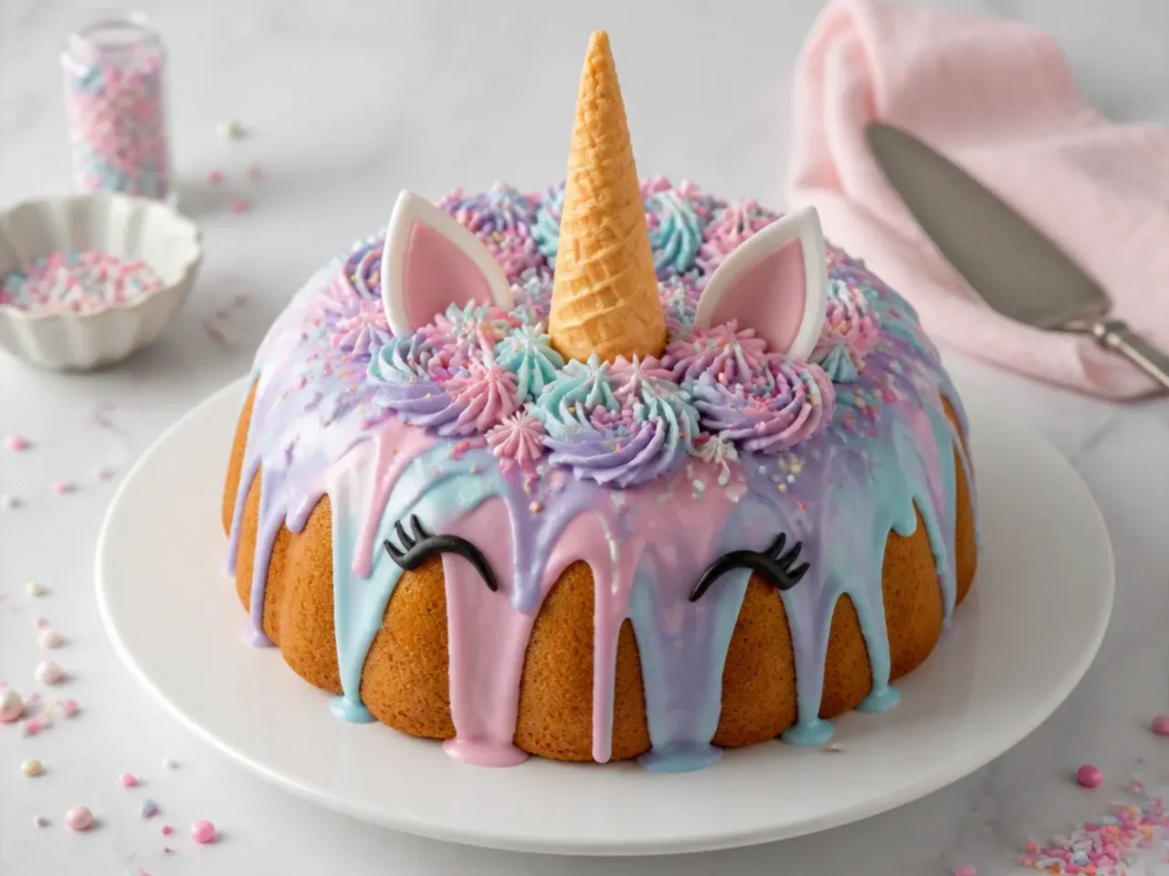 Bundt pan unicorn cake with pastel glaze, sprinkle mane and cone horn standing in the centre