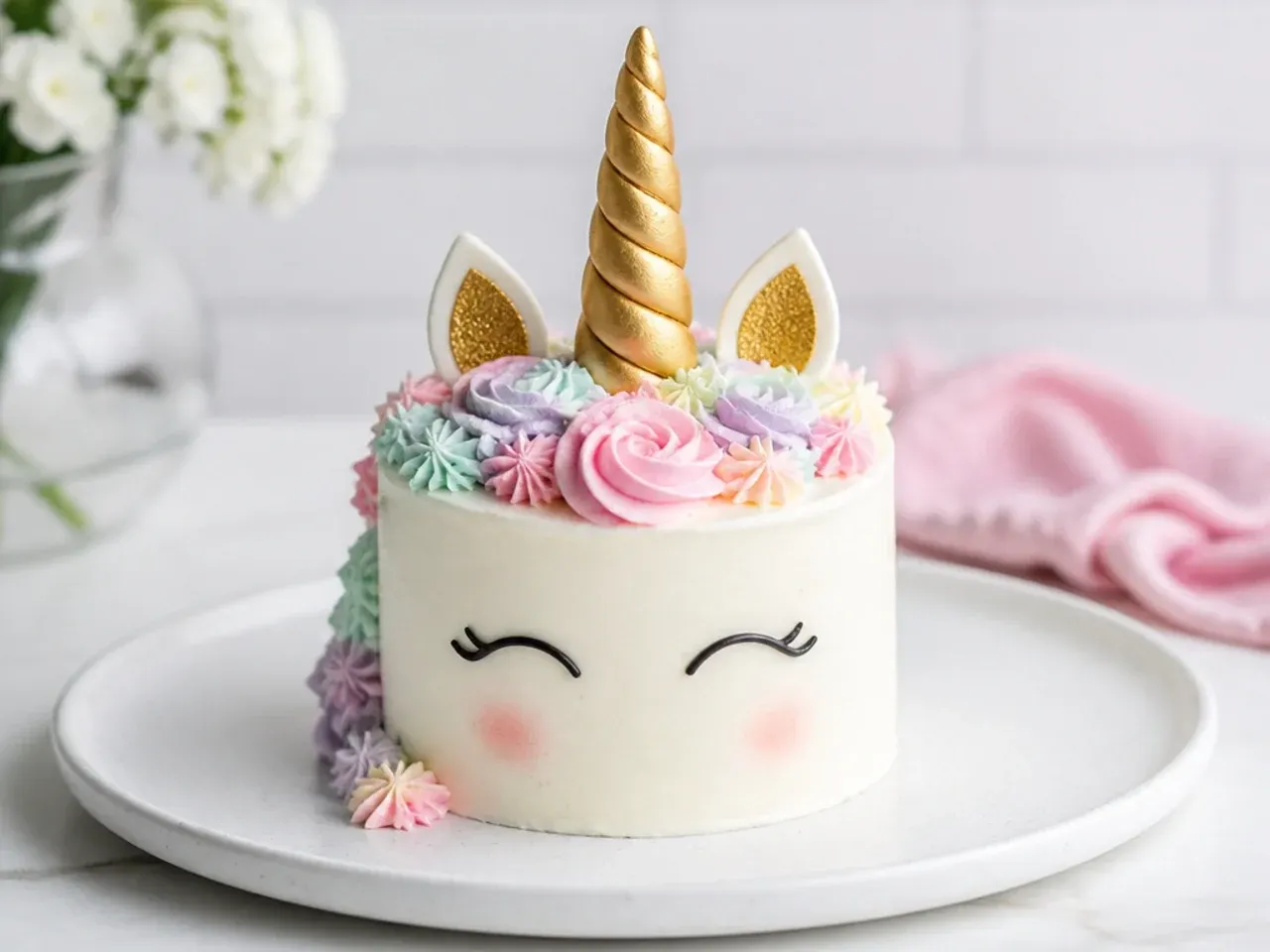 Mini unicorn smash cake for a first birthday with small pastel buttercream mane