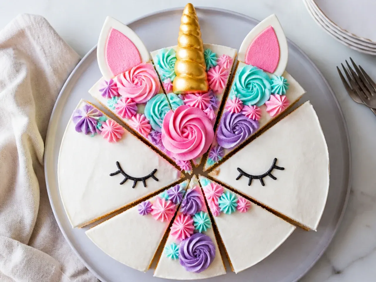 Cut-apart flat unicorn face cake made from one round cake with horn and ear pieces