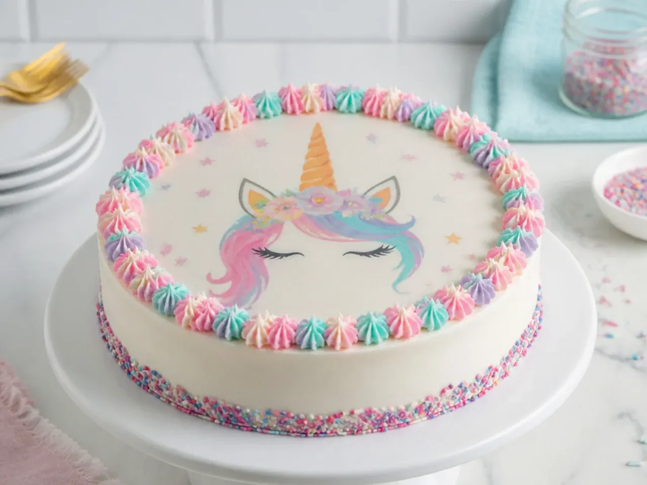 Quick easy unicorn cake made with an edible wafer unicorn topper and piped star border