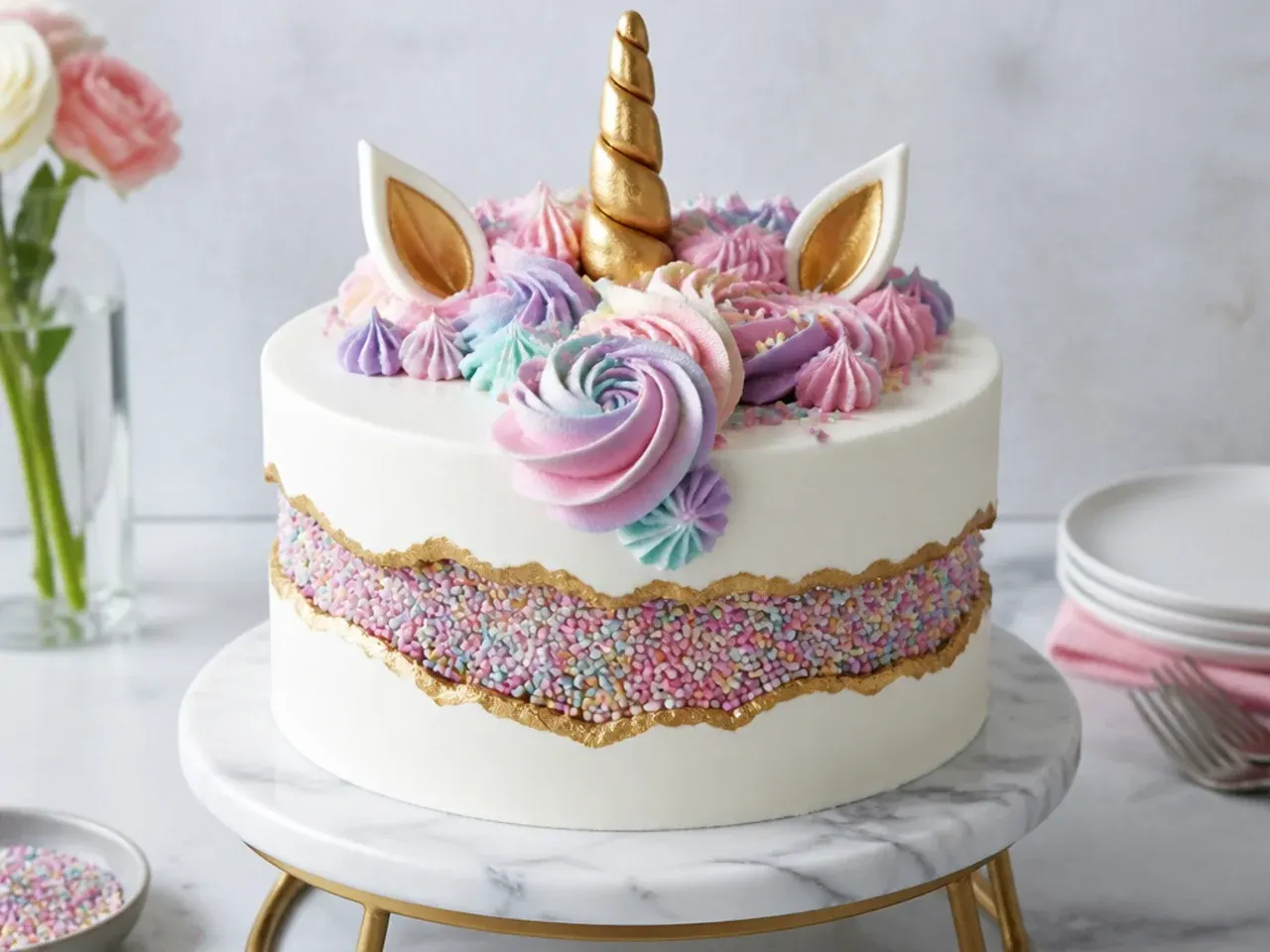 Fault line unicorn cake with exposed pastel sprinkle band edged in gold