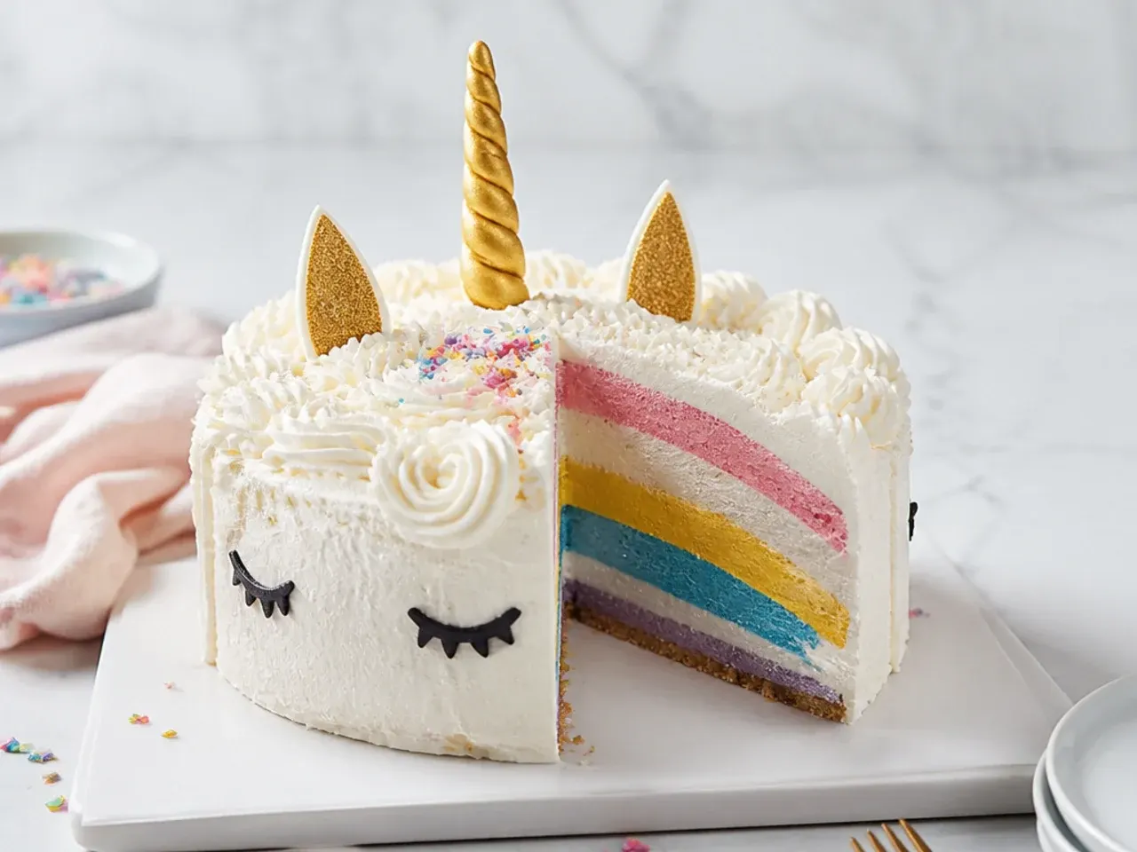 Frozen unicorn ice cream cake with whipped cream mane and rainbow ripple layers