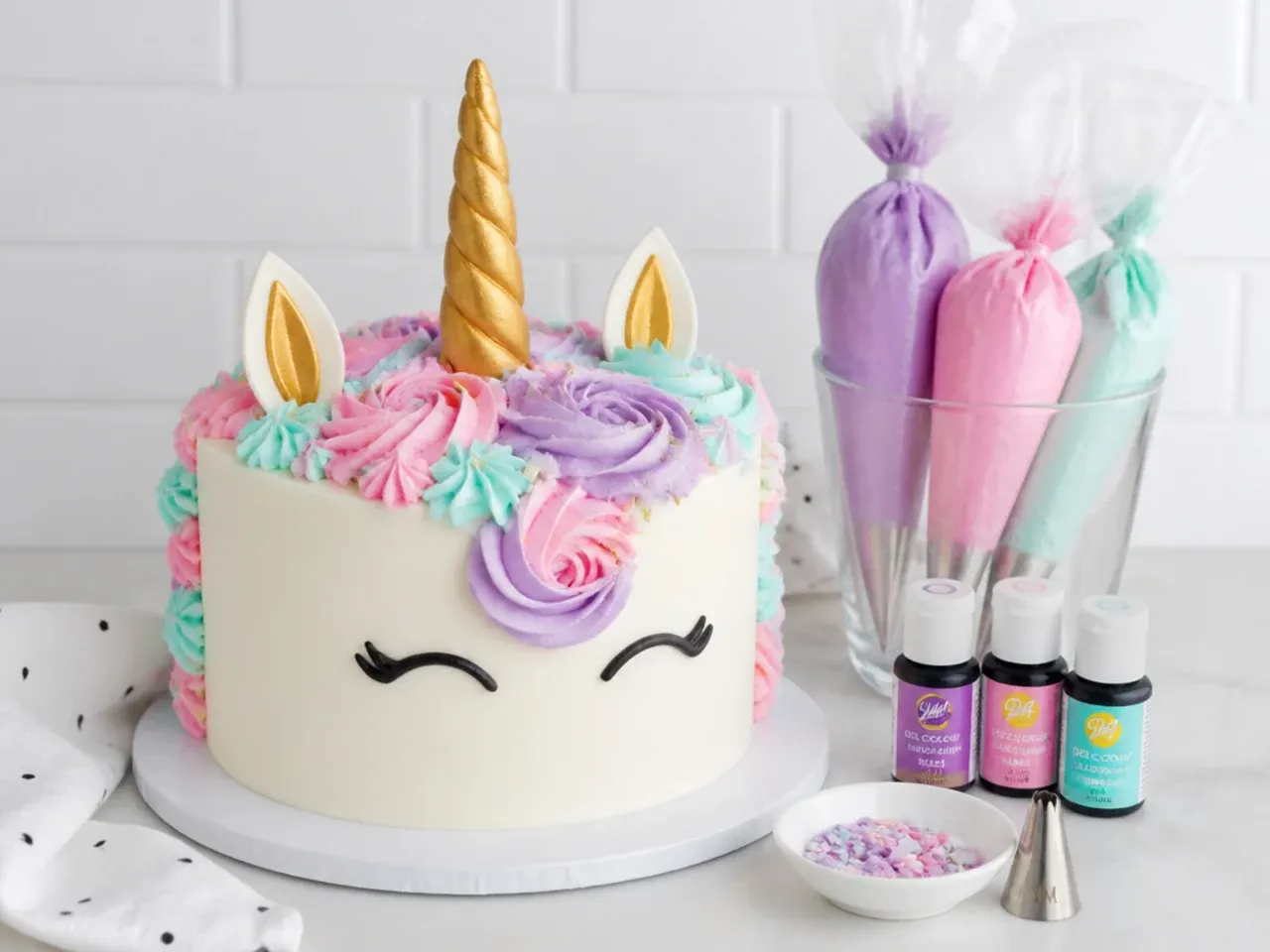 Unicorn cake decorating tips showing piping bags, Wilton 1M tip and pastel gel colours