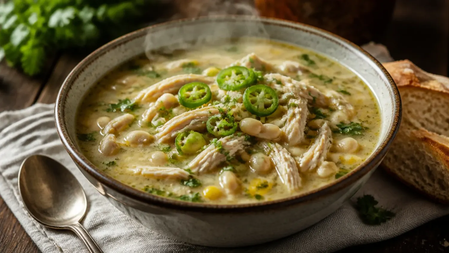 A steaming bowl of creamy easy white chicken chili topped with melted cheese, cilantro, and a lime wedge, with tortilla chips on the side