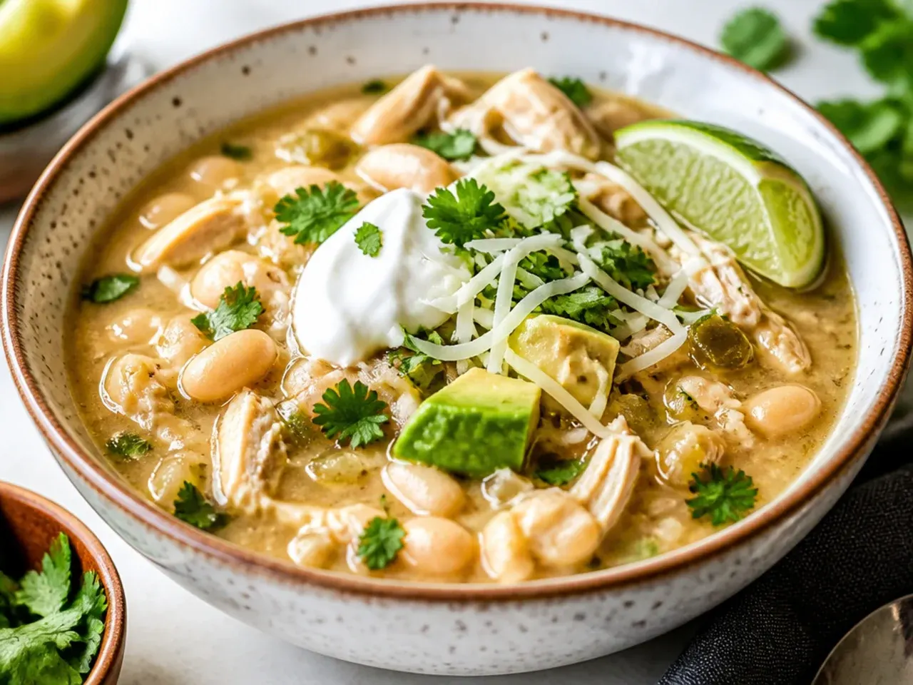 Overhead shot of a pot of creamy easy white chicken chili with bowls, toppings, and cornbread arranged around it