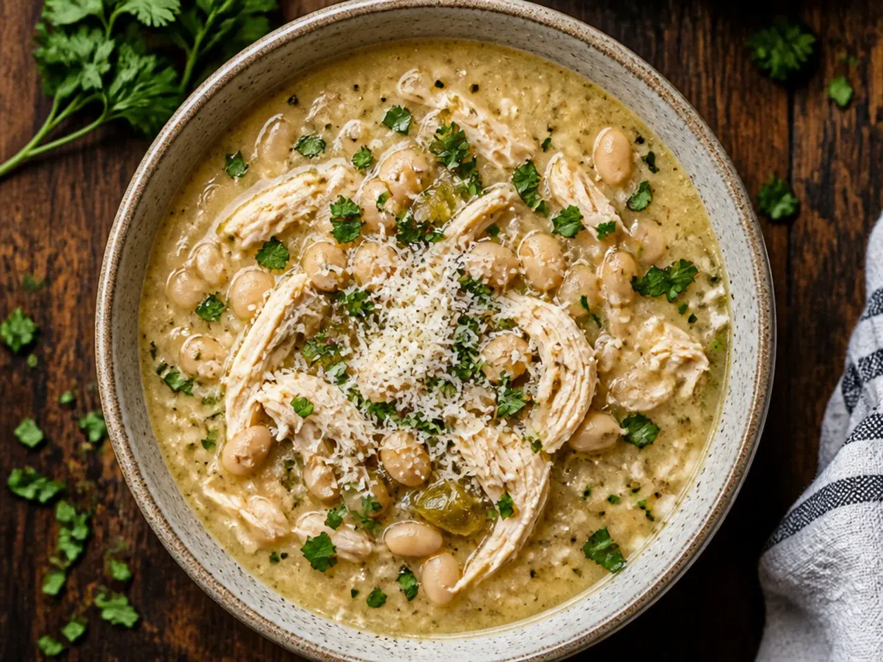 A pot of classic white chicken chili simmering on the stovetop