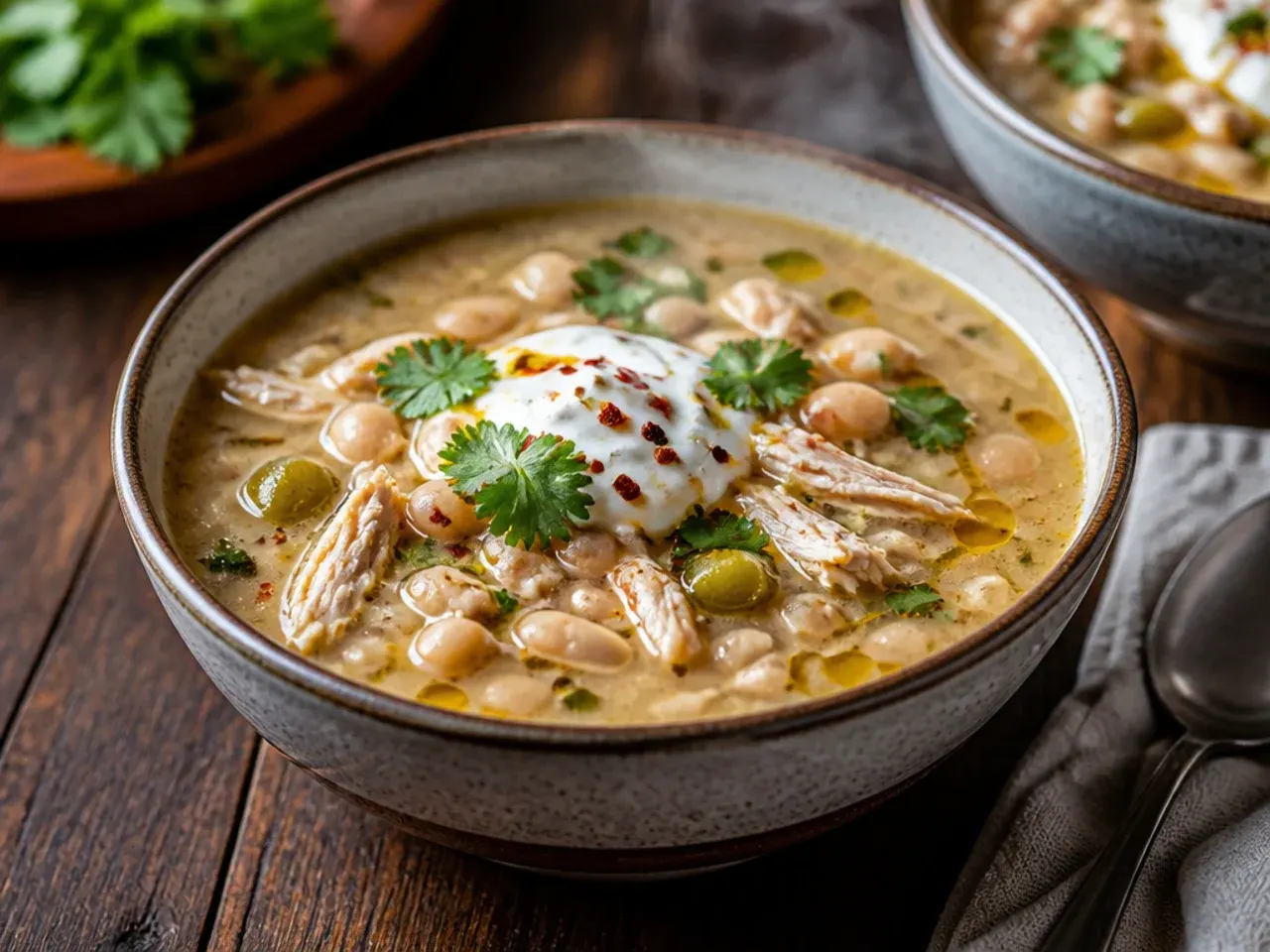 Shredded rotisserie chicken being stirred into a pot of white chili