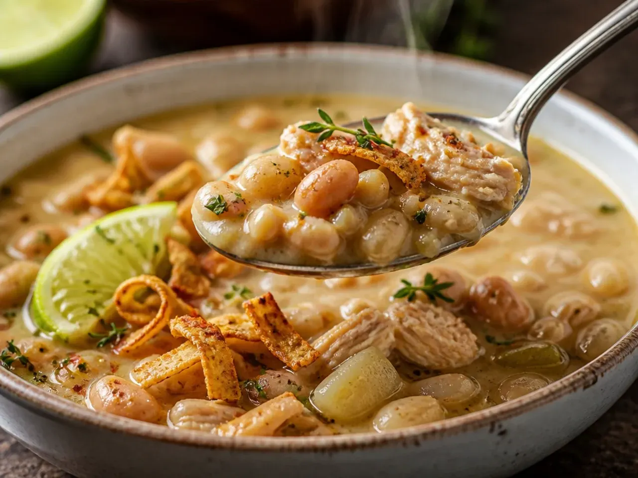 A hearty bowl of double-bean white chicken chili with visible whole beans and rice