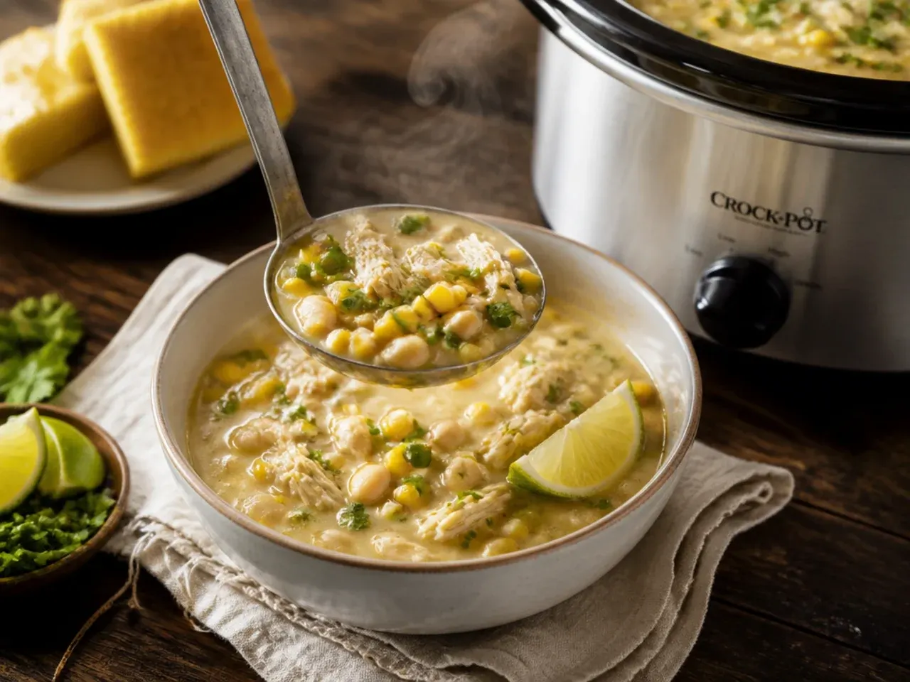 A slow cooker filled with white chicken chili, lid resting beside it