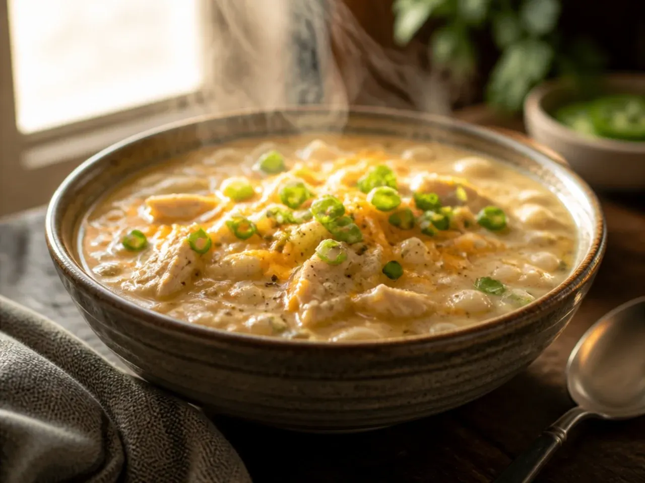 Cubed cream cheese melting into a pot of creamy white chicken chili