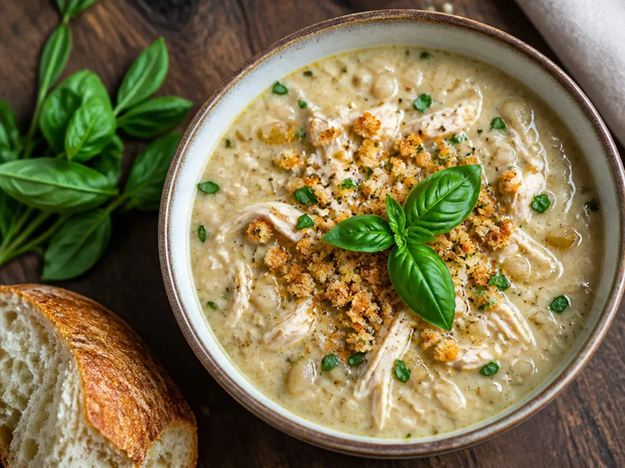 A minimalist bowl of simple 5-ingredient white chicken chili with lime wedge