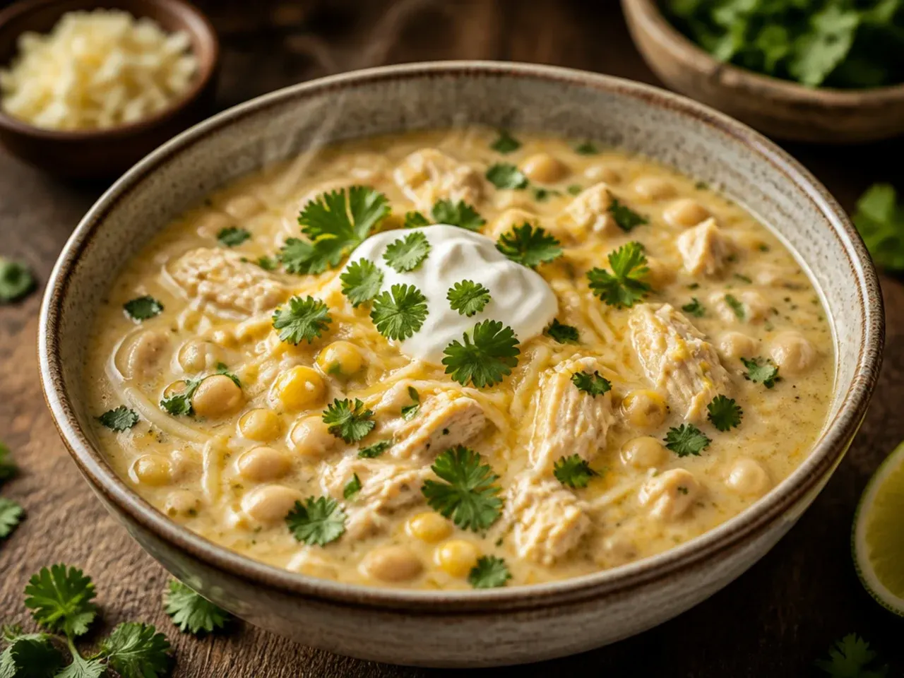 Melted Monterey Jack cheese swirled into a bowl of white chicken chili