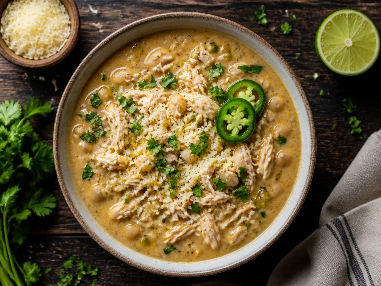 A budget-friendly bowl of white chicken chili made with pantry staples