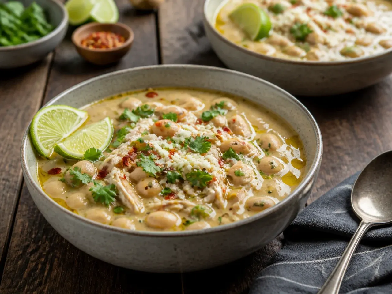 An Instant Pot open to reveal finished white chicken chili inside