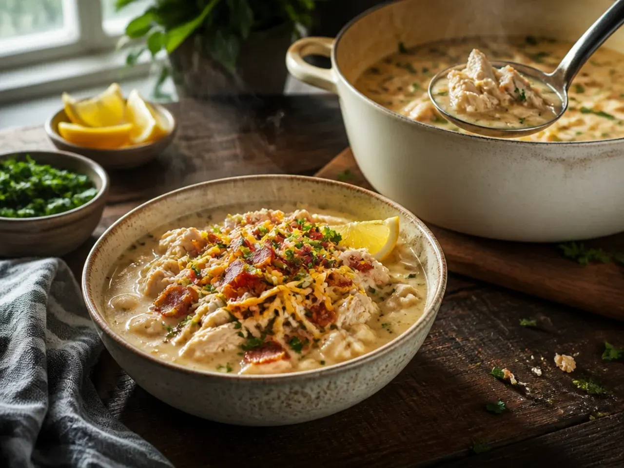 A loaded bowl of white chicken chili topped with crispy bacon bits and ranch drizzle