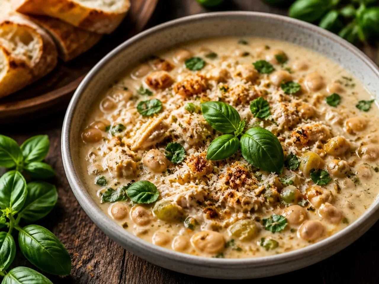 A hearty bowl of three-bean white chicken chili showing varied bean textures