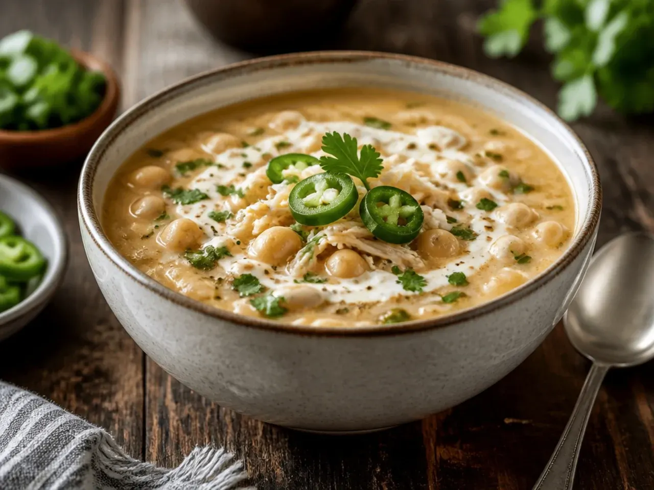 A smoky chipotle white chicken chili with visible flecks of adobo sauce