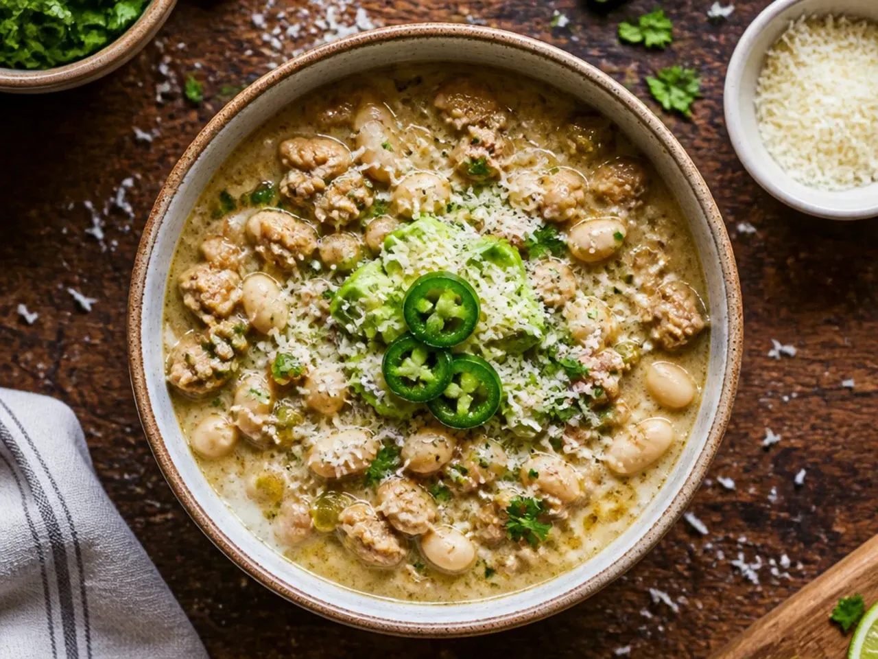 Ground chicken browning in a pot for a quick weeknight white chili