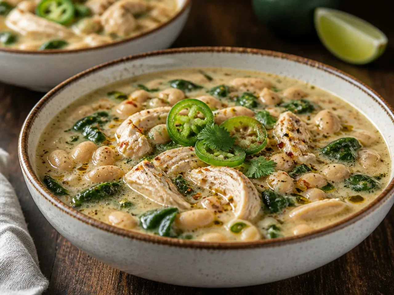 Fresh spinach leaves wilting into a pot of white bean chicken chili