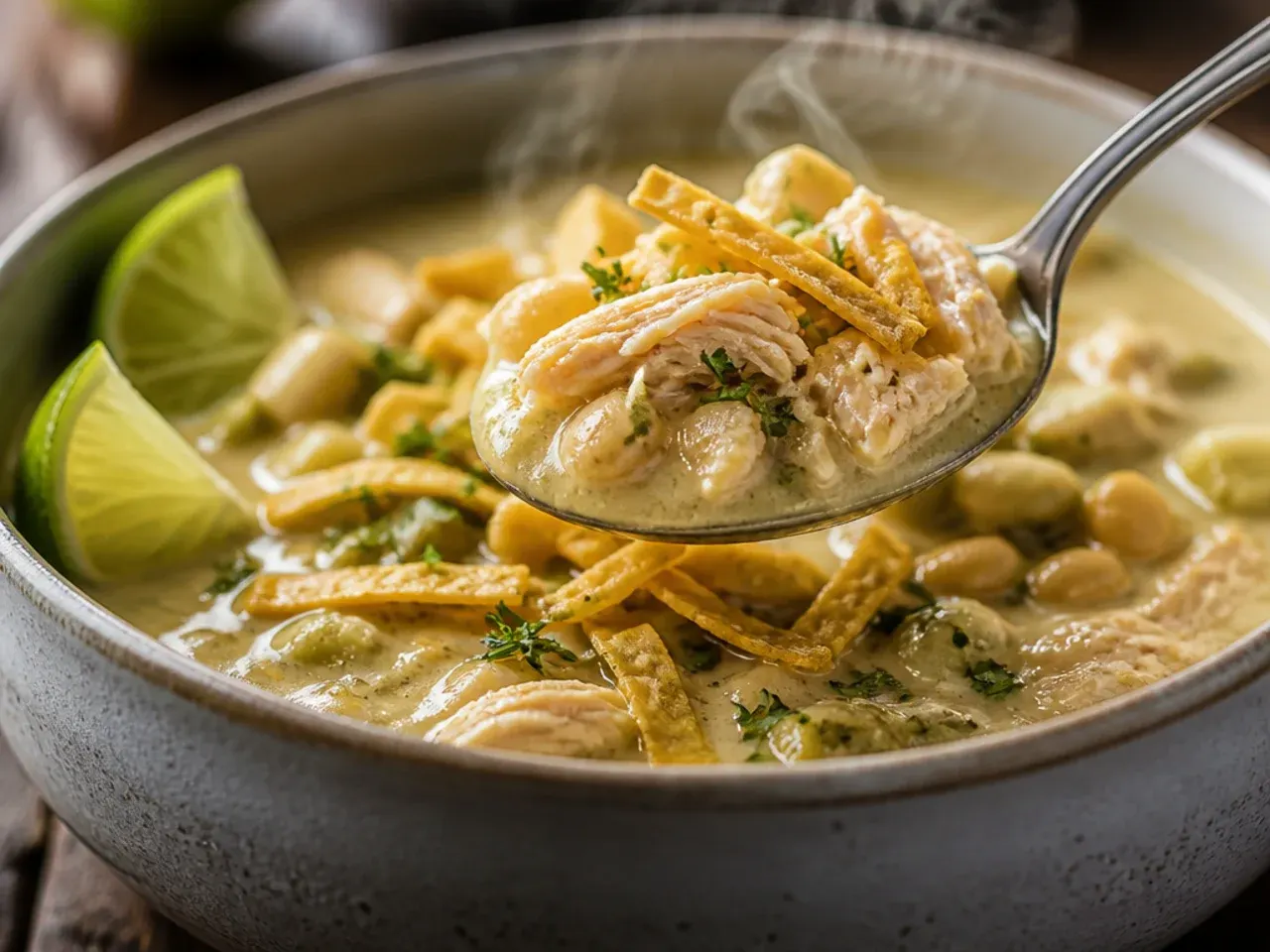 A creamy coconut-lime white chicken chili garnished with lime zest