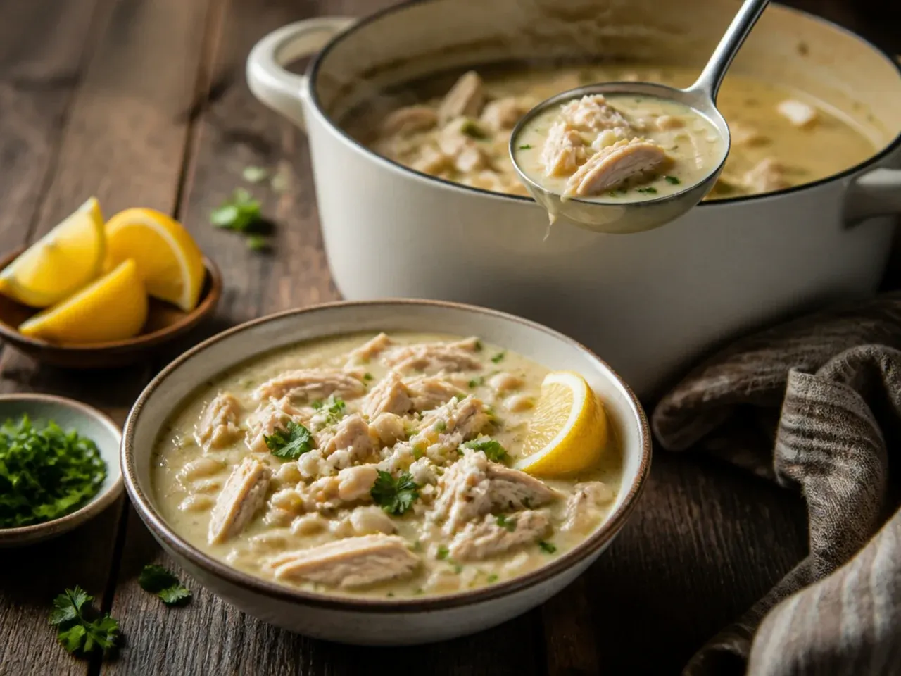 A dollop of Greek yogurt being stirred into a bowl of white chicken chili