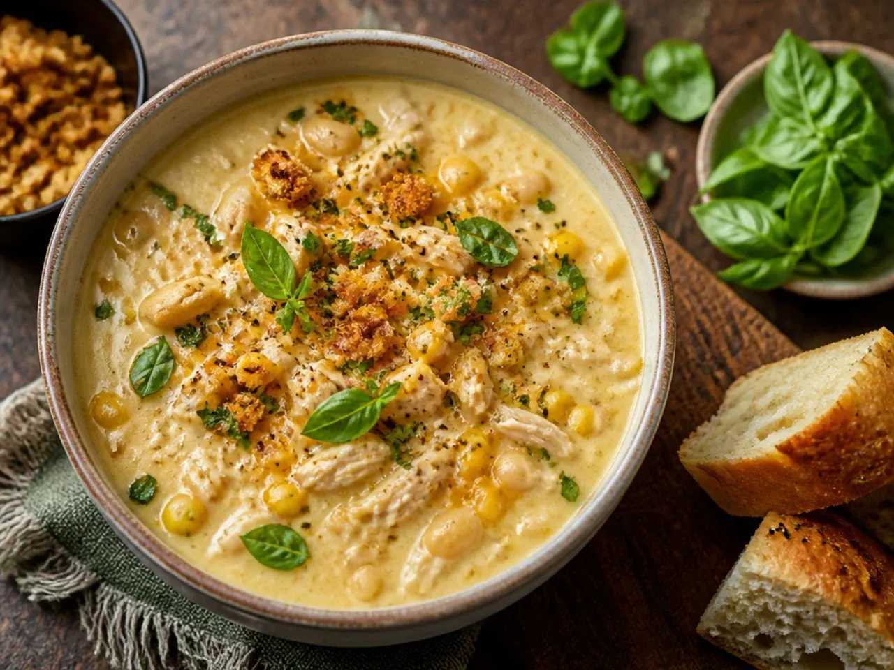 A queso-style cheesy white chicken chili with a smooth, melted texture