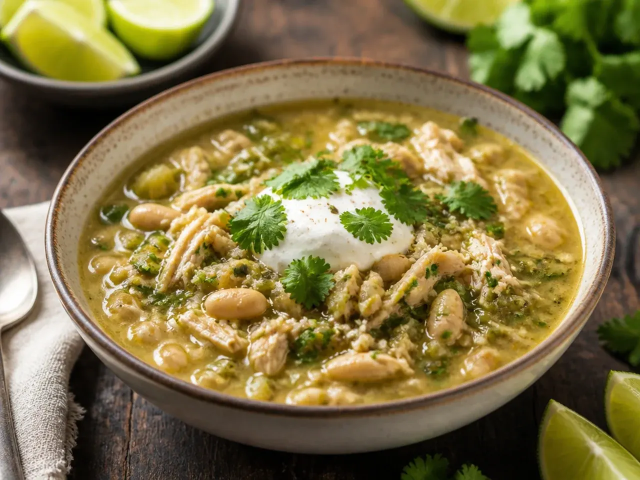 Salsa verde being spooned into a pot of comforting white chicken chili