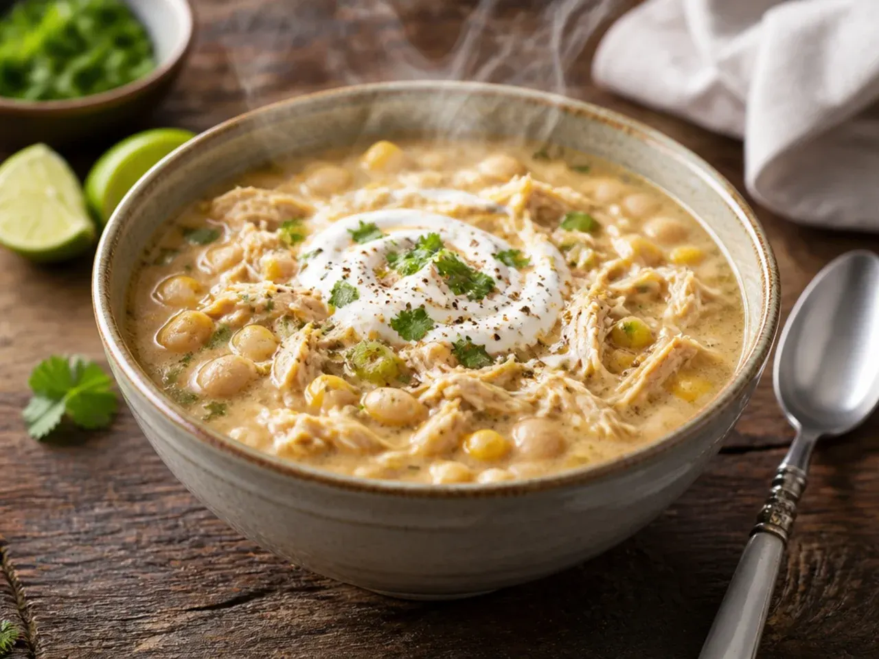 Flaked canned chicken being stirred into a quick budget white chili