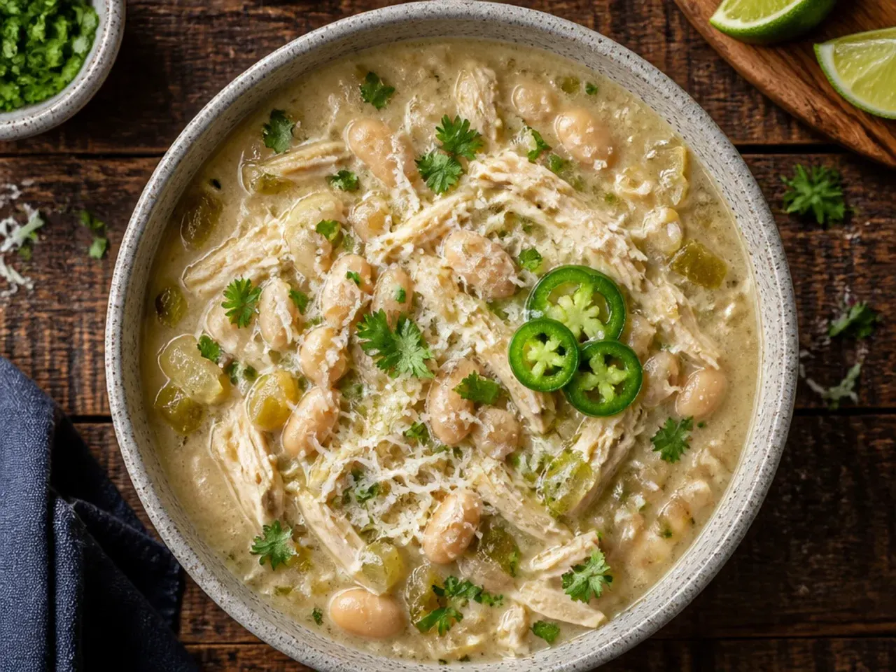 A quick 30-minute white chicken chili ready to serve on a weeknight table