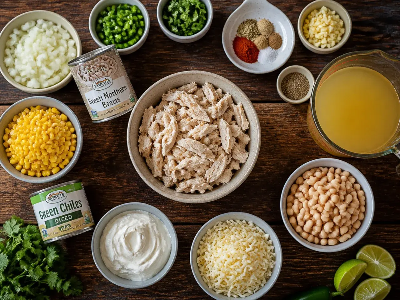 Close-up of a wooden spoon mashing white beans against the side of a pot of chicken chili to thicken it