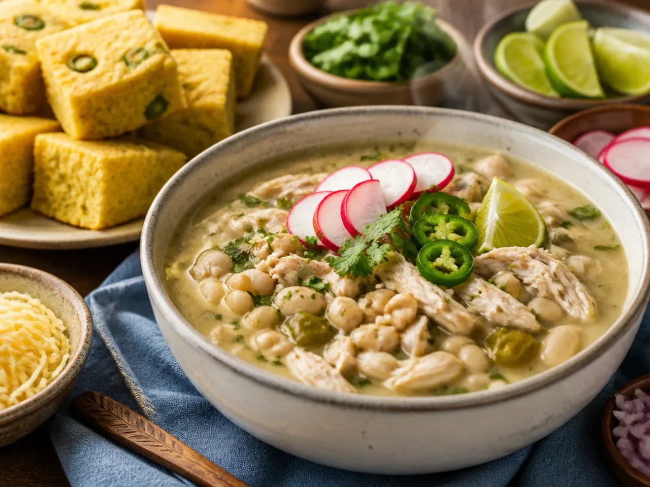 A bowl of white chicken chili served with tortilla chips, avocado slices, and a side of cornbread