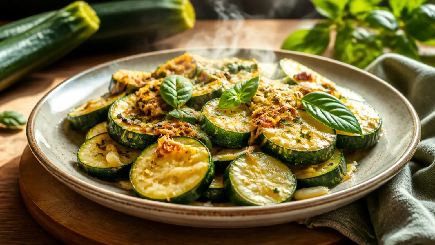 Golden-brown zucchini fritters stacked on a plate with a dollop of herbed yoghurt sauce and fresh dill on top, next to a bowl of grated raw zucchini.