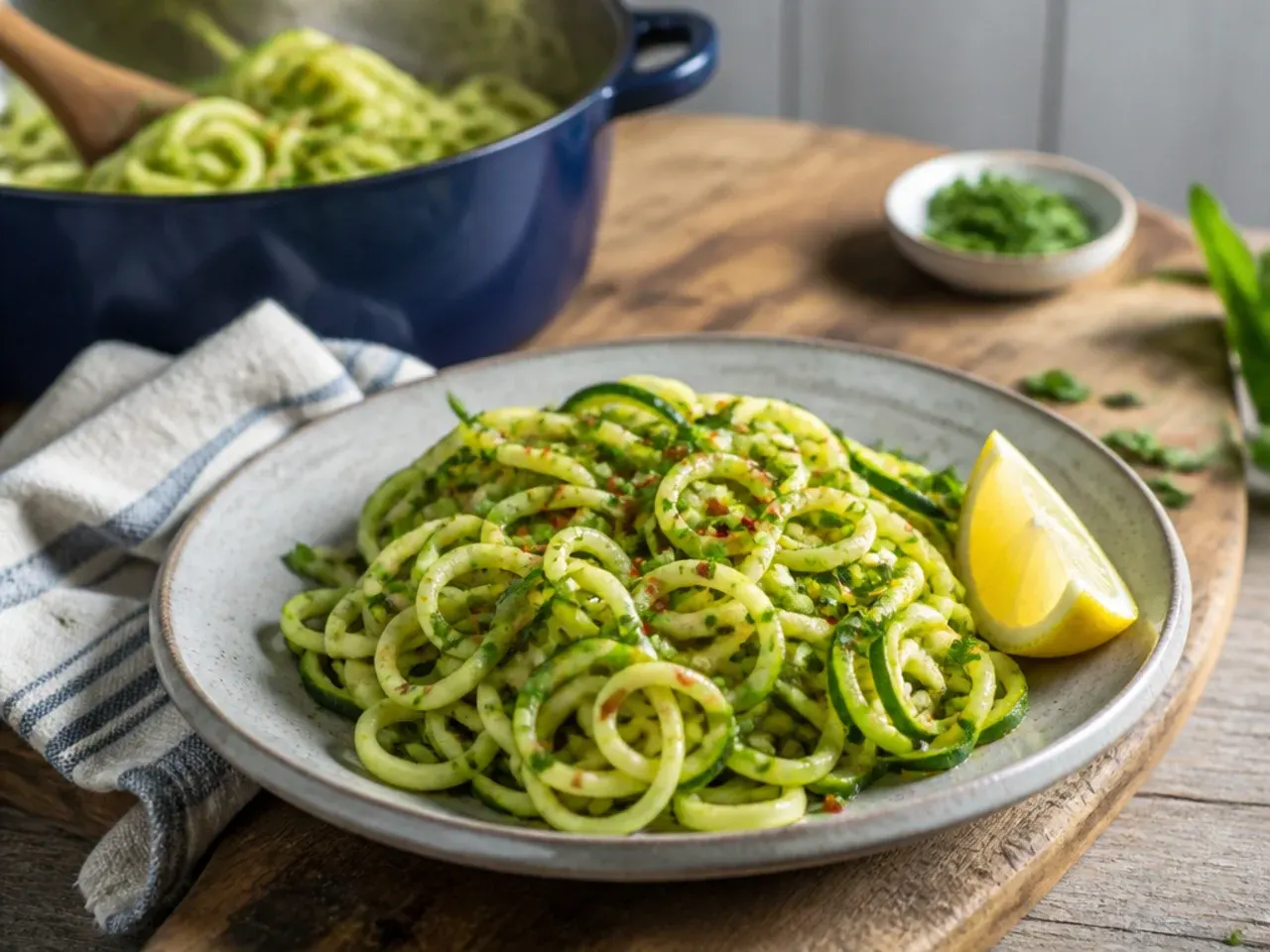 Spiralised zucchini noodles draining in a colander over the sink.