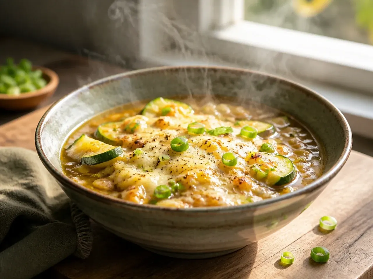 A pot of zucchini soup being blended smooth with a hand blender.
