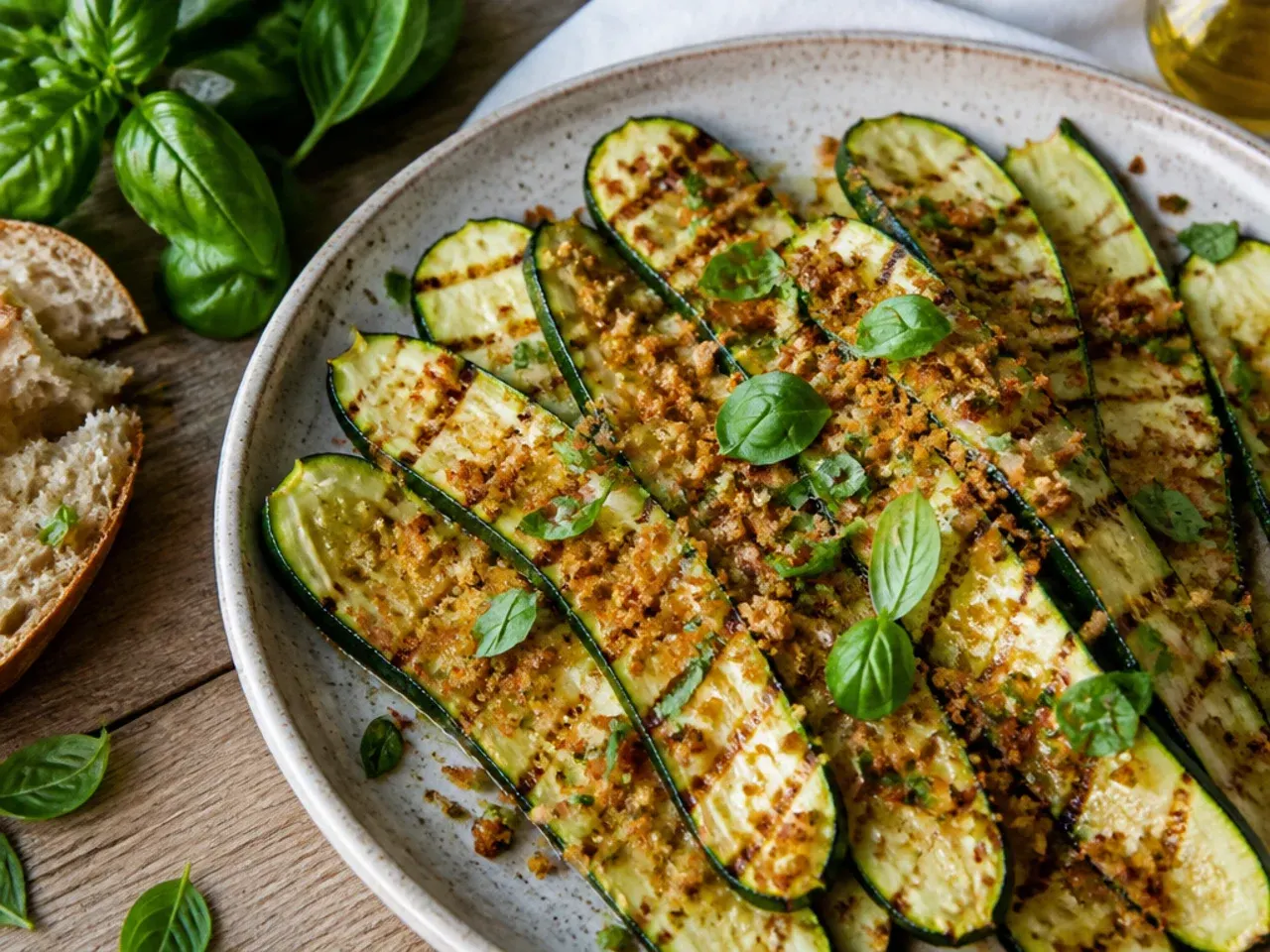 Thick zucchini slices with grill marks resting on a platter.